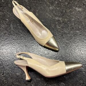 Vintage Chanel Sling Back Heels Gold Toe Cap Cream Designer Made In Italy Size 7